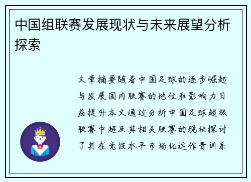 中国组联赛发展现状与未来展望分析探索