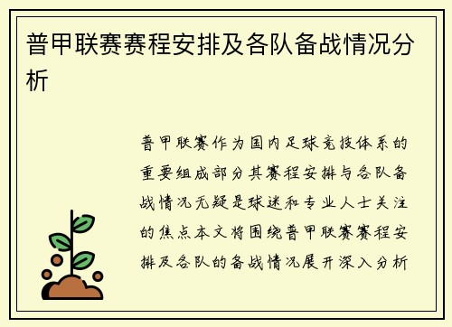 普甲联赛赛程安排及各队备战情况分析
